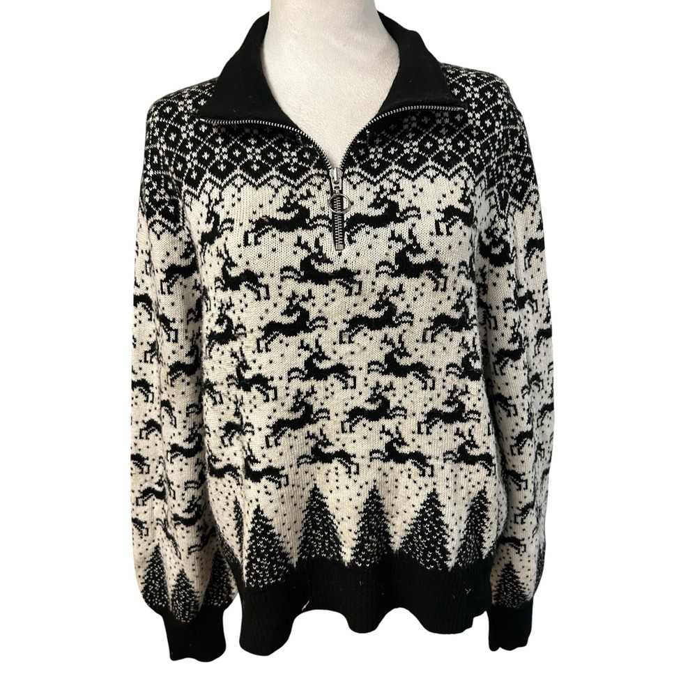 LOFT Black White Fair Isle Reindeer Quarter Zip Sweater Sz XL Holiday Christmas